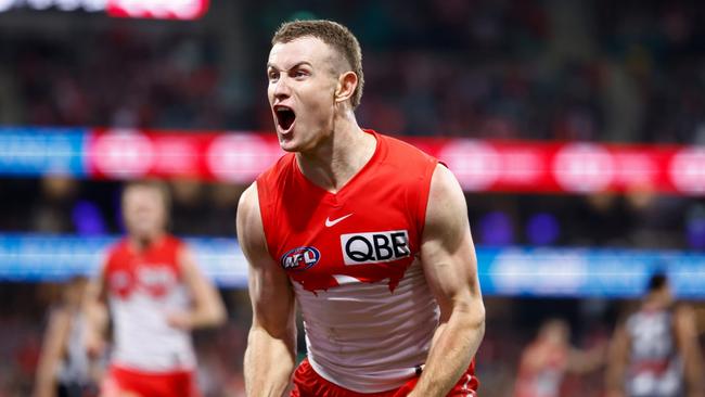 Chad Warner celebrates a goal against Collingwood. (Photo by Michael Willson/AFL Photos via Getty Images)