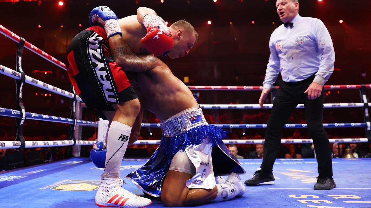 Jai Opetaia fell forwards into Mairis Briedis. Photo by Richard Pelham/Getty Images.