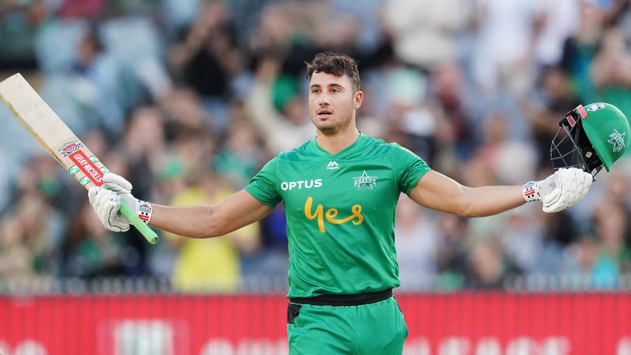 Marcus Stoinis celebrates his century against the Sydney Sixers. Picture: AAP Images