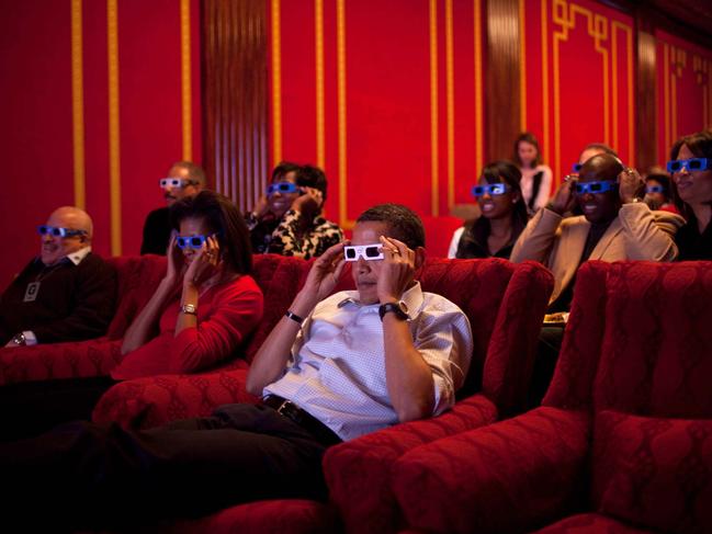 President Barack Obama and First Lady Michelle Obama wear 3-D glasses while watching Super Bowl 43, Arizona Cardinals vs. Pittsburgh Steelers, at a Super Bowl Party in the family theater of the White House on February 1, 2009. Picture: Pete Souza/The White House
