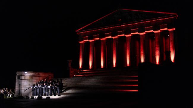 The official band is seen at the Shrine of Remembrance. Picture: Diego Fedele/Getty Images