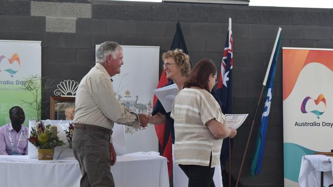 Debra Schefe and Ken Beitz accepting their nomination certificates at the Maranoa Australia Day Awards 2023. Picture: Chloe Cufflin.