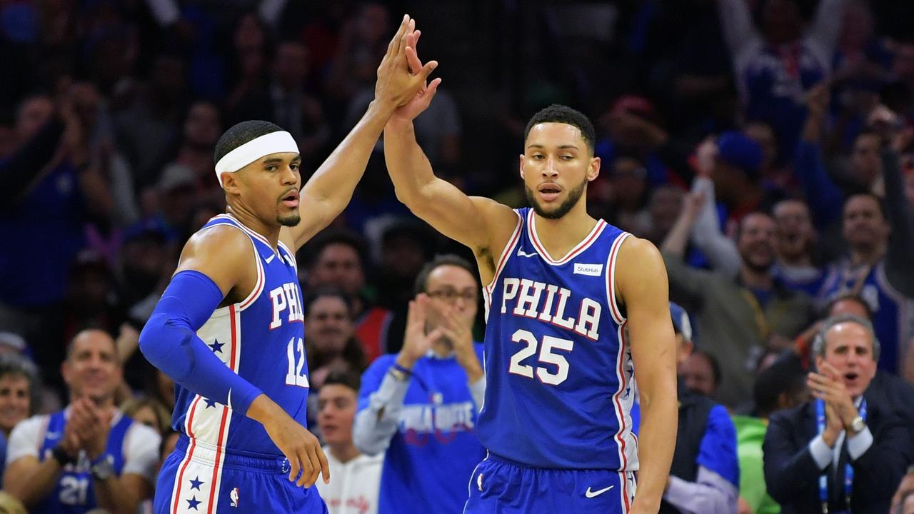 Tobias Harris and Ben Simmons celebrate. Photo: Drew Hallowell/Getty Images/AFP.