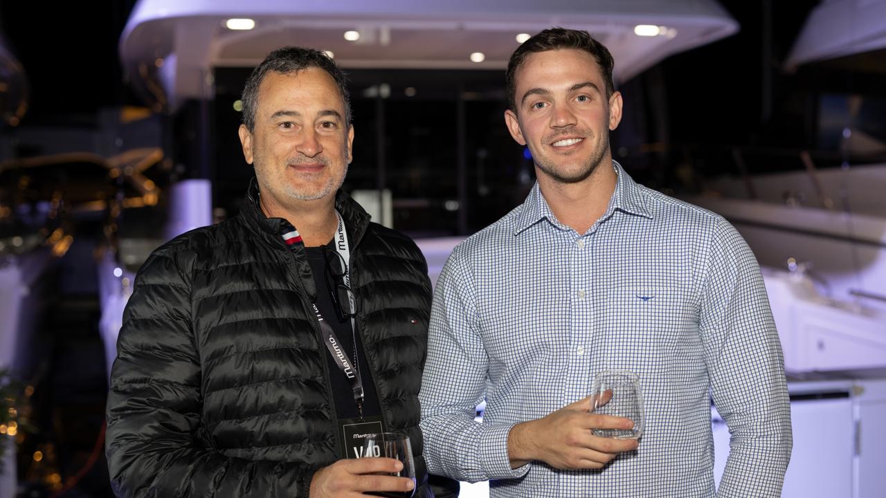 Adrian Garrone and Ben Filip for The Pulse at Maritimo Luxury Yachts global launch of the S75 and M75 at the Sanctuary Cove International Boat Show 2023. Picture: Celeste Humphrey