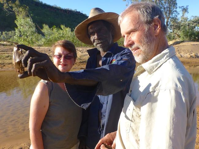 Profs Janet Hergt, TO Augie  Unghango, Prof Andy Gleadow – Photo: Mark Jones. All of these images are taken in the field with permission of Balanggarra Aboriginal Corporation. They are Rock Art Dating project images (funded by Rock Art Australia and the Australian Research Council) with research partner Balanggarra Aboriginal Corporation (BAC).  It is important that Balanggarra  is acknowledged/credited, otherwise we cannot publish the images.