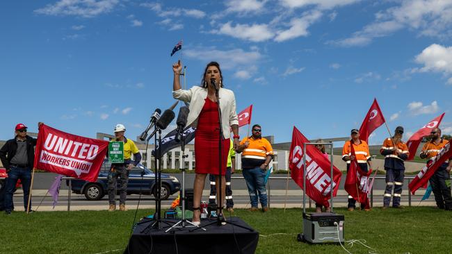 Senator David Pocock, Senator Lidia Thorpe and incoming CFMEU National Secretary Zach Smith, housing advocates and politicians Attended a rally calling for the Albanese Government to ramp up spending on its proposed $10 billion Housing Australia Future Fund at Parliament House in Canberra. Picture: NCA NewsWire / Gary Ramage