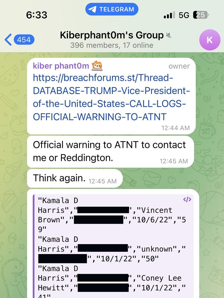 Redacted phone records of Kamala Harris, posted online by hackers. Picture: Supplied
