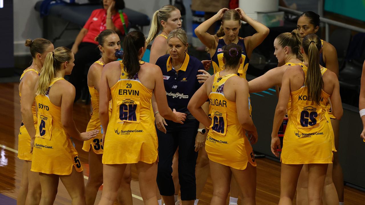 Belinda Reynolds, head coach of the Lightning speaks to her players during the 2025 Suncorp Team Girls Cup. Picture: Sarah Reed/Getty Images.