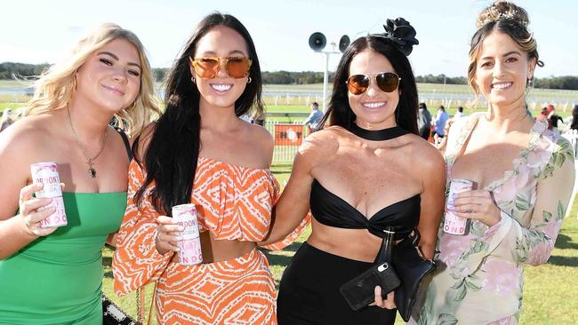 Lily Bain, Courtney Black, Natalie Debono and Nikki Jones at Ladies Oaks Day, Caloundra. Picture: Patrick Woods.