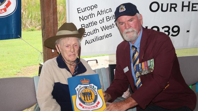 Mackay World War II veteran Private Raymond Wilson, 101, was honoured with a special presentation by Mackay RSL sub-branch president Ken Higgins at his Hay Point home on Wednesday, February 22, 2023. Picture: Contributed