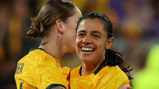 GEELONG, AUSTRALIA - DECEMBER 07: Sharn Freier of Australia celebrates scoring a goal with Alex Chidiac of Australia during the International Friendly Match between the Australia Matildas and Chinese Taipei at GMHBA Stadium on December 07, 2024 in Geelong, Australia. (Photo by Morgan Hancock/Getty Images)