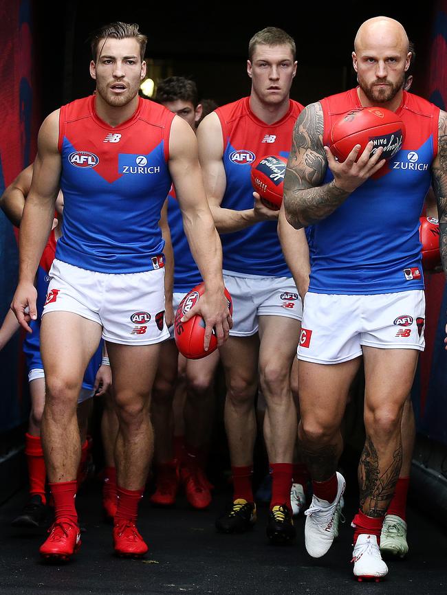 Melbourne co captains Nathan Jones and Jack Viney. Pictur: Michael Klein