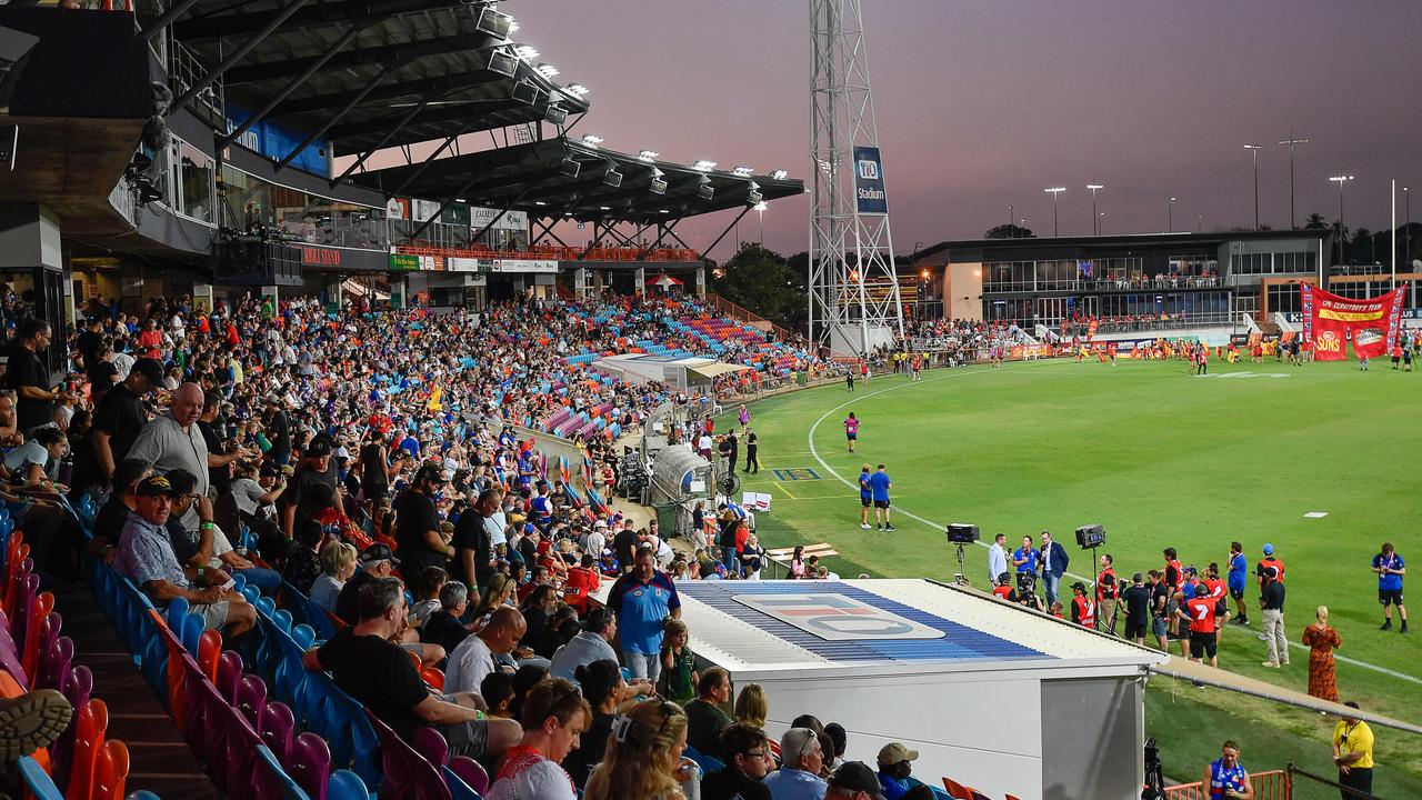 Footy fans packed into TIO Stadium for the Gold Coast’s match vs the Western Bulldogs. Pic: Pema Tamang Pakhrin