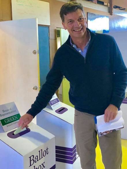 Angus Taylor voting at Goulburn this morning.