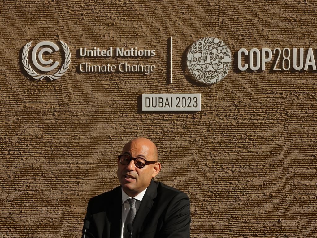 Simon Stiell, executive secretary of the United Nations Framework Convention on Climate Change (UNFCCC), speaks to the media on day eleven of the UNFCCC COP28 Climate Conference.