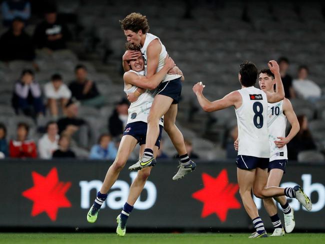 Aaron Cadman celebrates a goal with Jhye Clark during the 2022 U18 Championships match between Vic Metro and Vic Country at Marvel Stadium. Picture: Dylan Burns