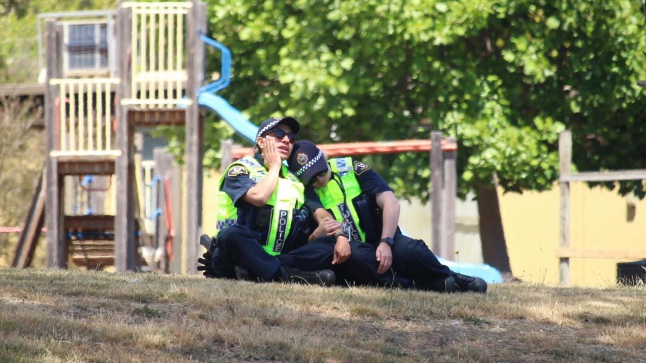 Devastated police officers at the scene of a jumping castle accident six children were ultimately killed at Hillcrest Primary School in Devonport. Picture: Monte Bovill/ABC News