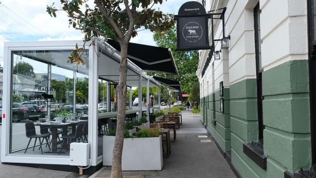 The outdoor dining pods at the Railway Club Hotel, Port Melbourne. Picture: Celine Wagner