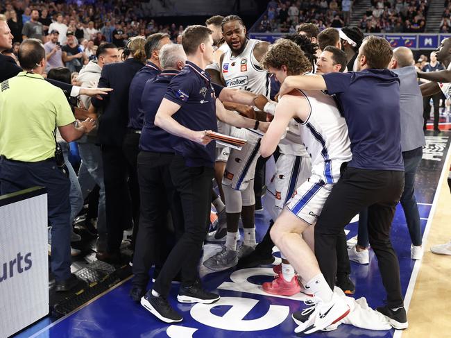 Courtside fans started a fight at the Adelaide 36ers interchange. Picture: Darrian Traynor/Getty Images