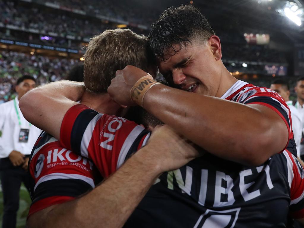 Roosters player Latrell Mitchell celebrating winning the Grand Final at full time after the 2019 NRL Grand Final between the Sydney Roosters and Canberra Raiders at ANZ Stadium, Sydney. Picture: Brett Costello