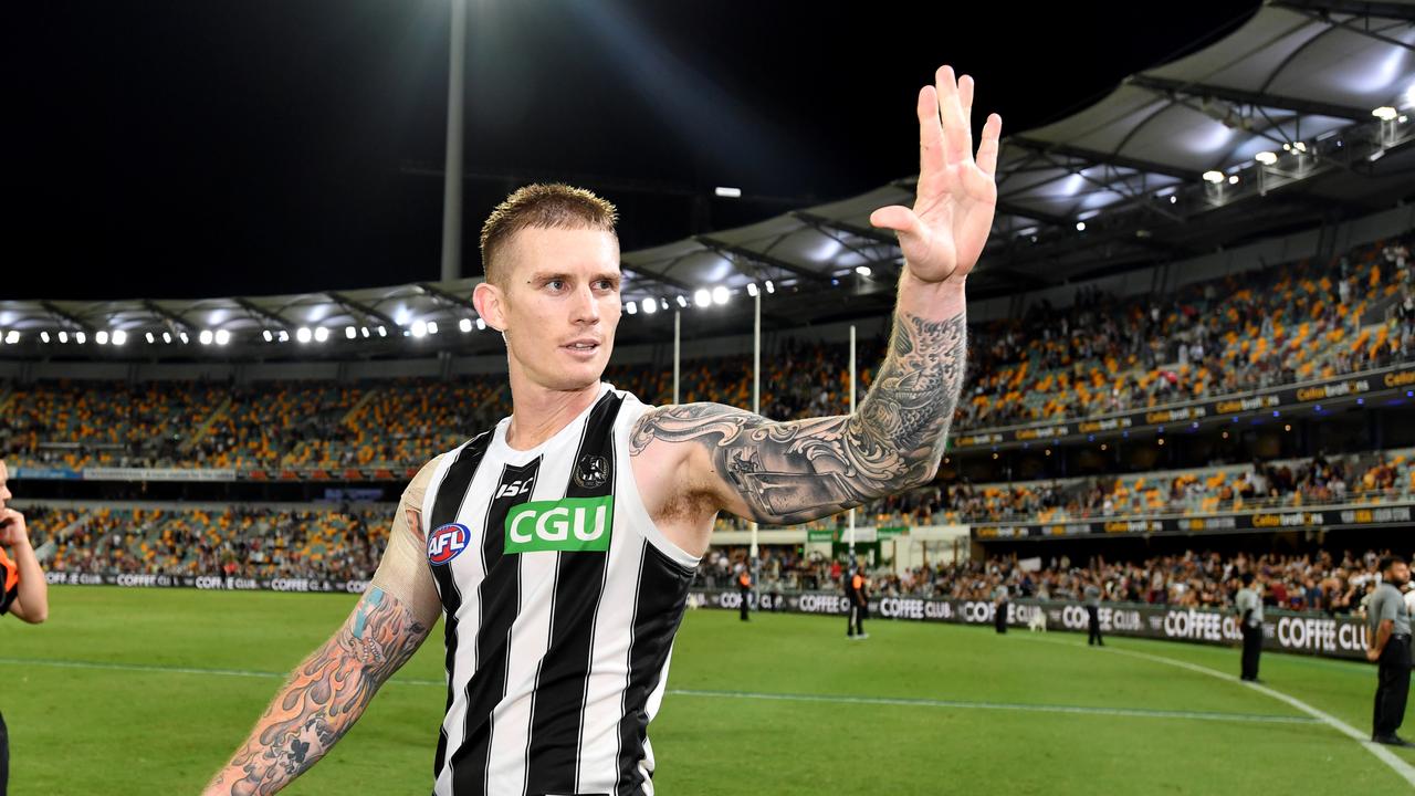 Dayne Beams of the Magpies celebrates winning the Round 5 AFL match between the Brisbane Lions and the Collingwood Magpies at the Gabba in Brisbane, Thursday, April 18, 2019. (AAP Image/Darren England) NO ARCHIVING, EDITORIAL USE ONLY