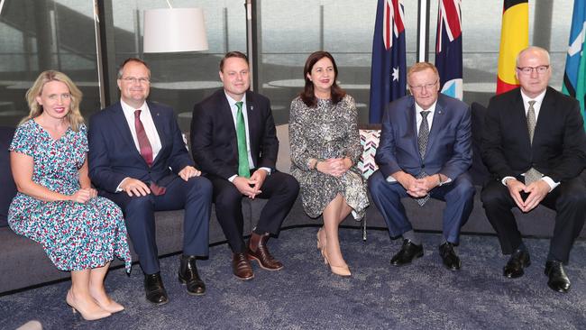 Lord Mayor Adrian Schrinner and Premier Annastacia Palaszczuk (centre) with AOC president John Coates (second from right) and members of southeast Queensland’s Olympic delegation