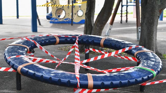 Taped off playground equipment at a park in Scarness, on Queensland’s Fraser Coast. Picture: Alistair Brightman