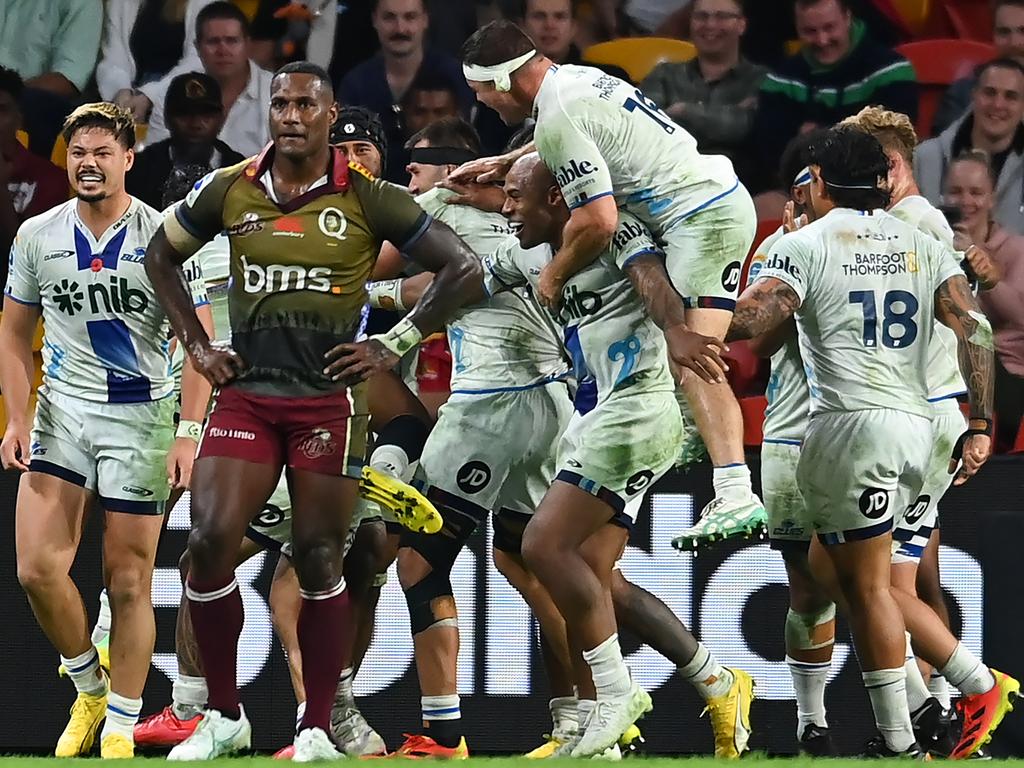 The Blues celebrate the match winning try from Sam Nock. Picture: Getty Images