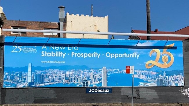 A billboard in Leichhardt claiming a new era of "stability" in Hong Kong was blasted as CCP propaganda by the diaspora. Picture: Supplied