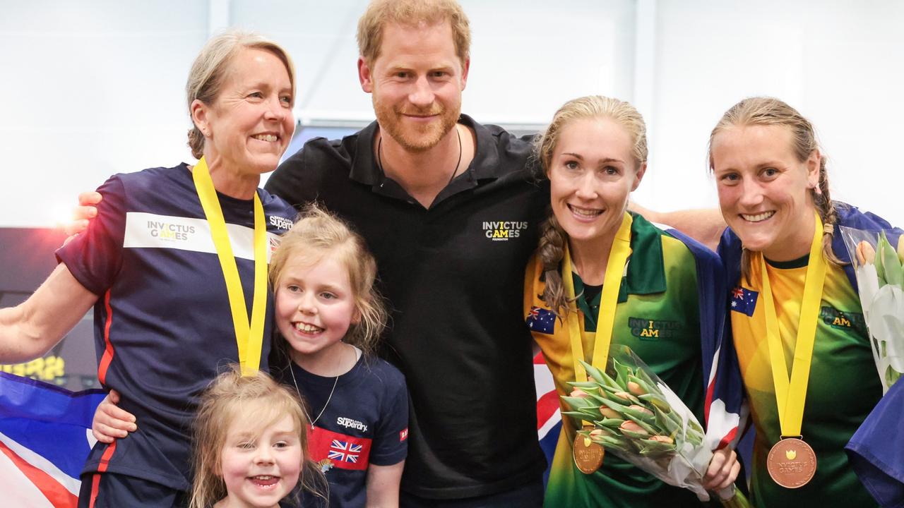 Prince Harry poses with medallists at the swimming competition during the 2022 Invictus Games. Picture: Chris Jackson/Getty Images