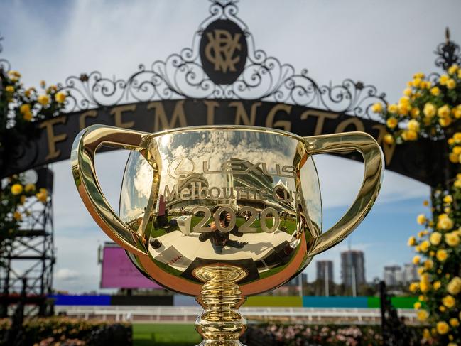 MELBOURNE, AUSTRALIA - OCTOBER 27: The Melbourne Cup trophy is seen during the Melbourne Cup Carnival launch at Flemington Racecourse on October 27, 2020 in Melbourne, Australia. (Photo by Darrian Traynor/Getty Images)