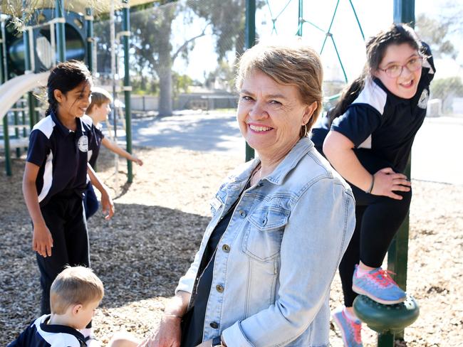 4/9/2018 Flinders Park Primary students (L-R) Zachary Foxx, Keerthana Rajkumar, Andrew Turland and Joanna Kouros with their Principal Judy Anderson in the playground at Flinders Park, Adelaide. SA schools have received $500 Million in extra funding announced in today's budget. Tracey Nearmy/The Australian