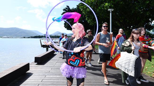 Anne-Marie Bollier marched along the Cairns Esplanade with hula hoops for the Pride Stride on Saturday, part of the 2024 Cairns Pride Festival. Picture: Brendan Radke