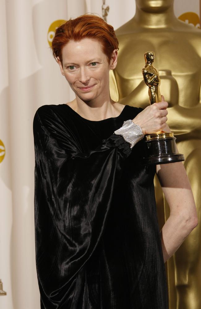 Winner for Best Supporting Actress for her role in Michael Clayton the wonderfully-kooky Tilda Swinton wore what looked like a velvet garbage bag at the 2008 Oscars. Picture: AFP