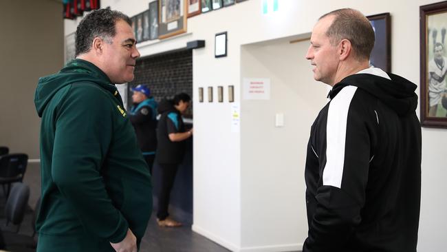 Kangaroos coach Mal Meninga chats with Michael Maguire in Auckland. Picture: Getty Images