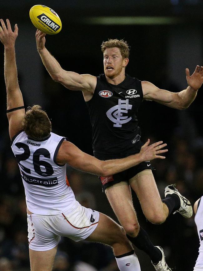 Carlton’s Matthew Lobbe contests the ruck against GWS’s Dawson Simpson earlier this month. Photo: AAP Image/Hamish Blair.