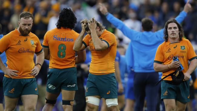 FLORENCE, ITALY - NOVEMBER 12: Tate McDermott of Australia holds his head in his hands at the end of the Autumn International match between Italy and Australia at Stadio Artemio Franchi on November 12, 2022 in Florence, Italy. (Photo by Timothy Rogers/Getty Images)