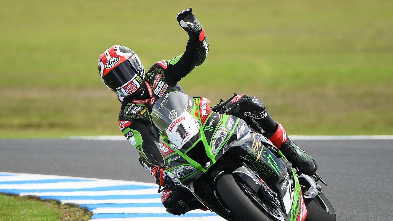 Jonathan Rea celebrates coming second in Race 2 at Phillip Island.