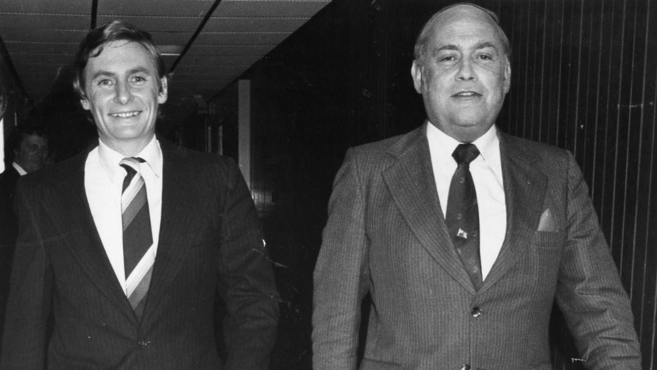 The-then SA Leader of the Opposition John Bannon, left, and Premier Dr David Tonkin leave the ABC studios at Collinswood after a TV debate. Picture: Staff photographer