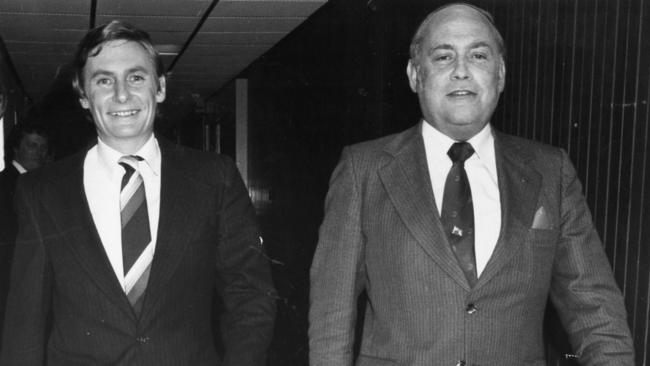 The-then SA Leader of the Opposition John Bannon, left, and Premier Dr David Tonkin leave the ABC studios at Collinswood after a TV debate. Picture: Staff photographer