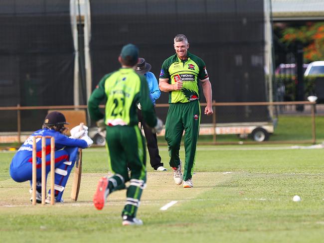 Pictured: Rovers paceman Brenton Edwards bowls to Adam Trewin. Rovers v Barron River. Cricket Far North 2024. Photo: Gyan-Reece Rocha