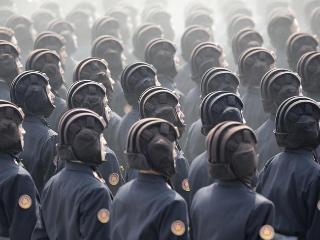 Soldiers march across Kim Il-sung Square during a military parade in Pyongyang on Saturday. Picture: Wong Maye-E/AP