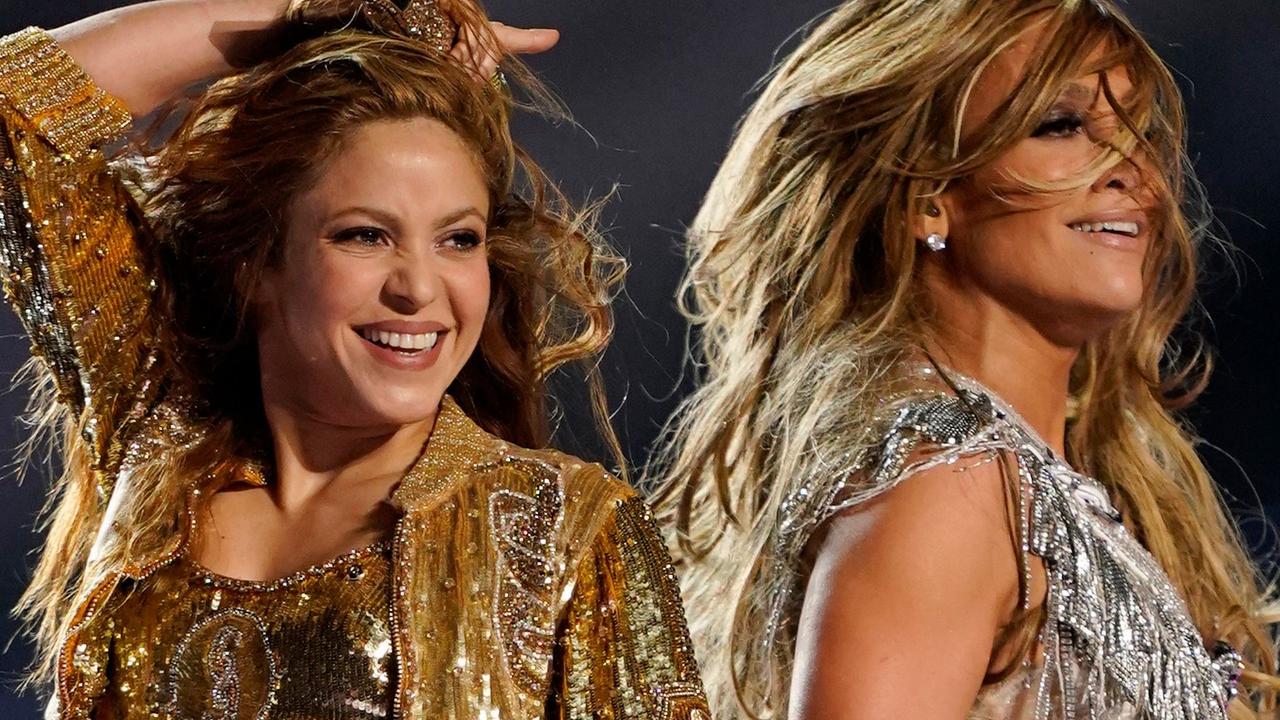 Shakira with Jennifer Lopez, performing at the 2020 Super Bowl halftime show. Picture: Mike Blake/Reuters