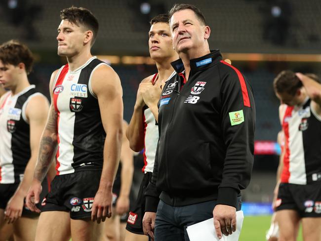 MELBOURNE, AUSTRALIA - APRIL 18: Ross Lyon, Senior Coach of the Saints looks on after the Saints were defeated by the Bulldogs during the round six AFL match between St Kilda Saints and Western Bulldogs at Marvel Stadium, on April 18, 2024, in Melbourne, Australia. (Photo by Robert Cianflone/Getty Images)