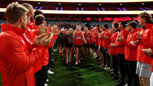 Montana Ham led the Swans’ AFLW team onto the SCG for the first time on Monday night. Picture: Phil Hillyard