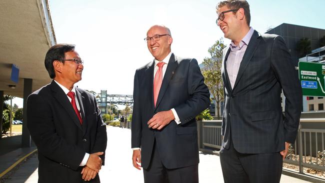 NSW Opposition Leader Luke Foley (centre) pictured in Ryde today with Dr Peter Kim (L)and Jerome Laxale (R). Ryde experienced big swings to Labor in yesterday's local elections. Picture: Richard Dobson