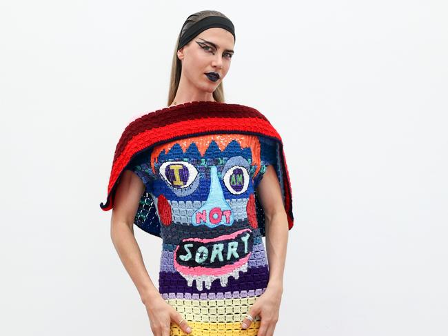 The colourful knit dress featured the words: ‘I am not sorry’. Picture: Brendon Thorne/Getty