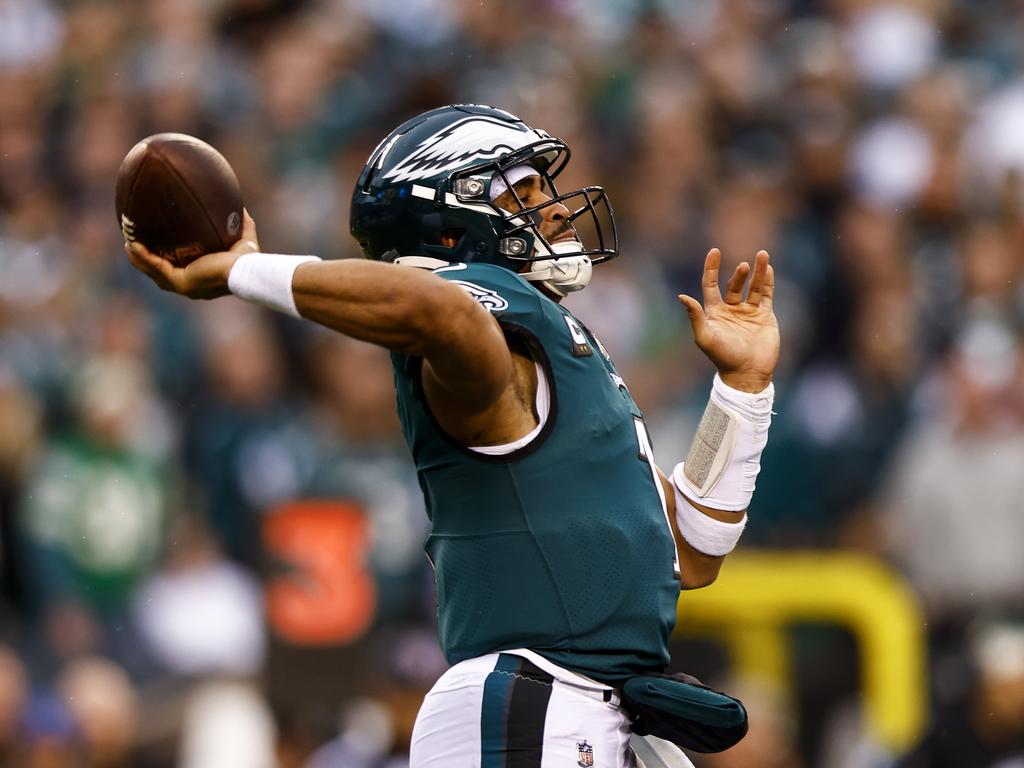 Jalen Hurts of the Philadelphia Eagles reacts before the game against  News Photo - Getty Images