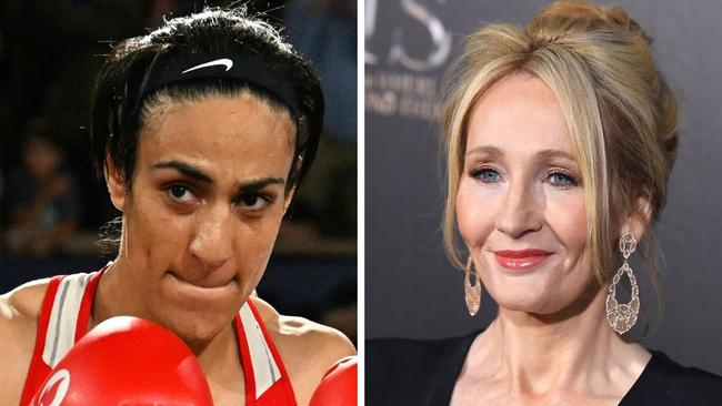 Imane Khelif and JK Rowling. Photo: AFP / ANGELA WEISS.