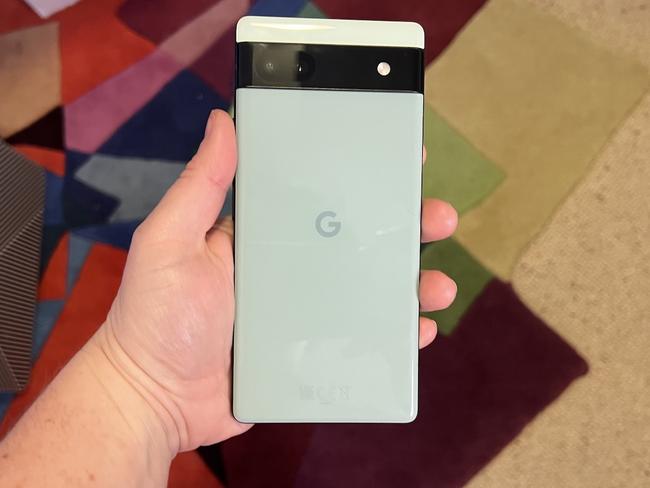 The Google Pixel 6a cameras are housed in a black strip on the back of the phone. Picture: Elly Awesome.
